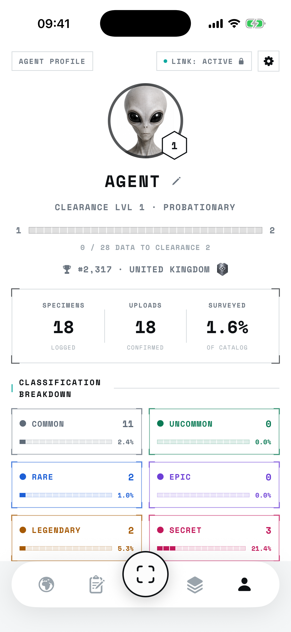 The agent profile: clearance level, specimens logged, uploads confirmed and a classification breakdown