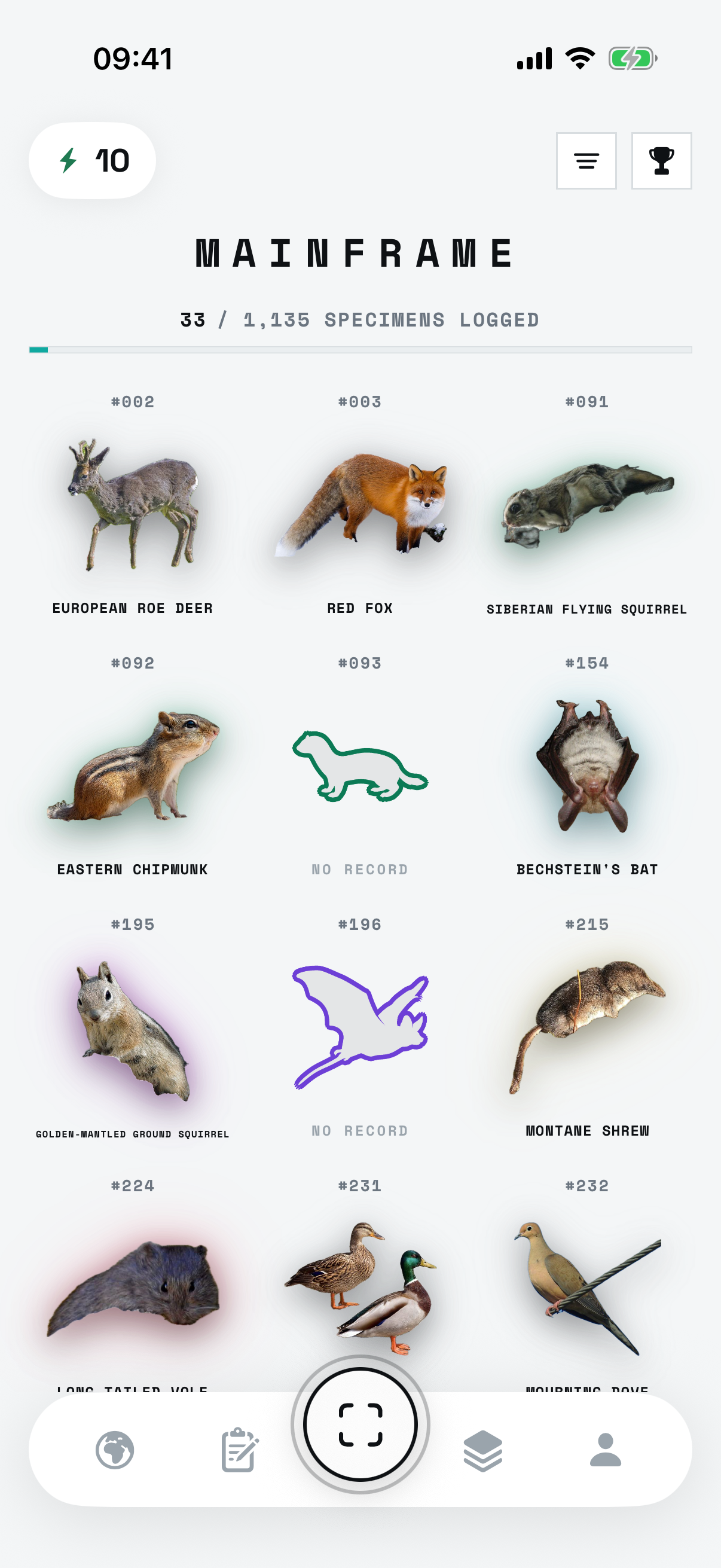 The mainframe grid: logged specimens as cut-outs among NO RECORD silhouettes